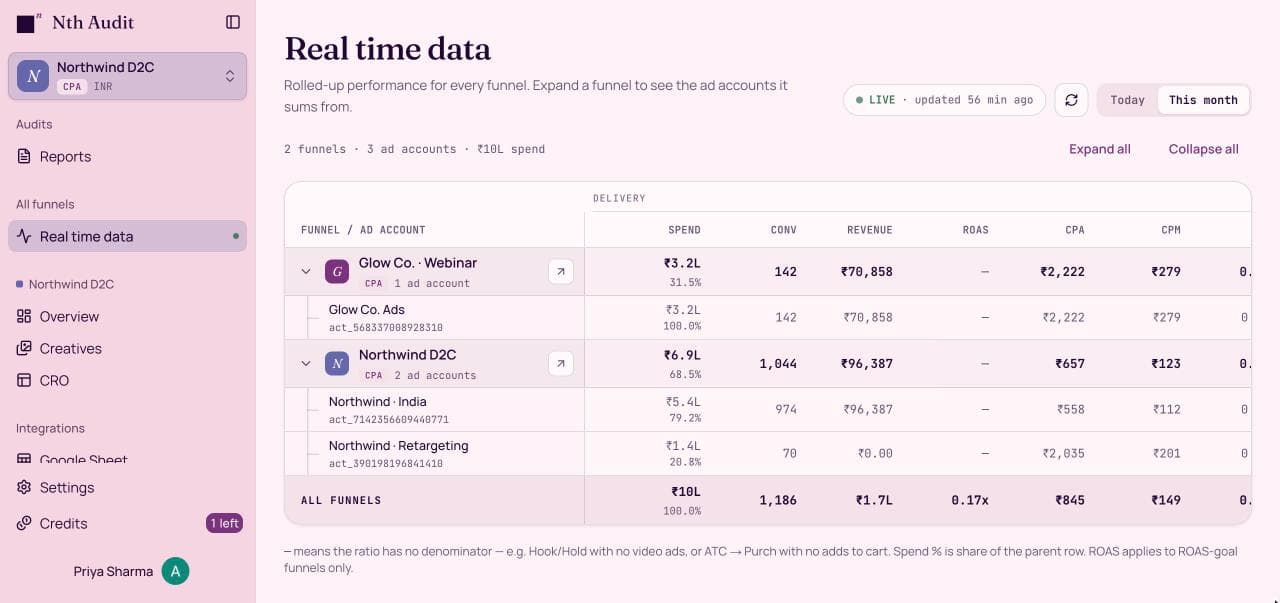 Nth Audit real-time view: every funnel and ad account with spend, conversions, CPA and CPM side by side